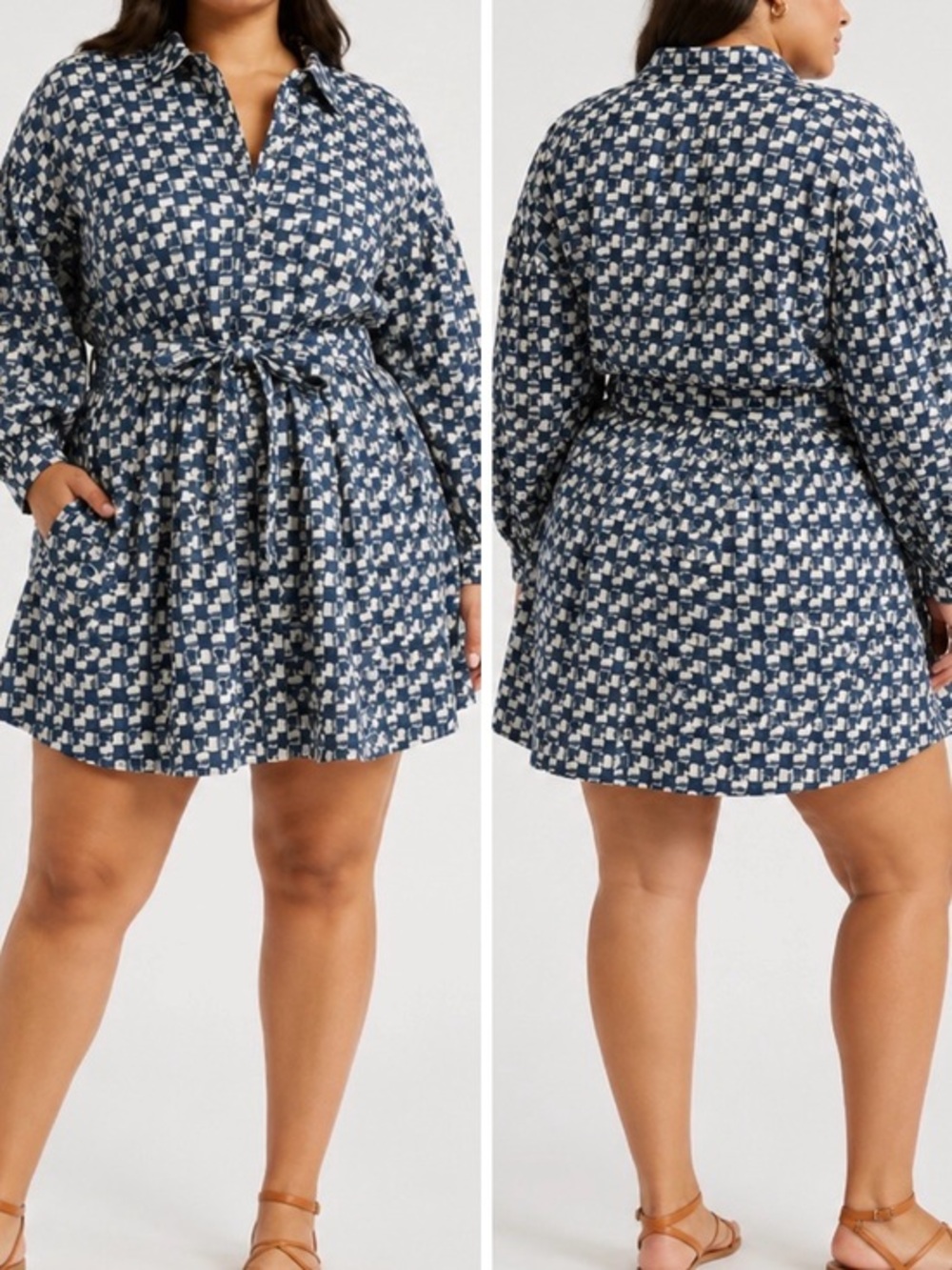 Cleobella Colette Organic Cotton Blue Geo Print Tie Waist Mini Shirt Dress